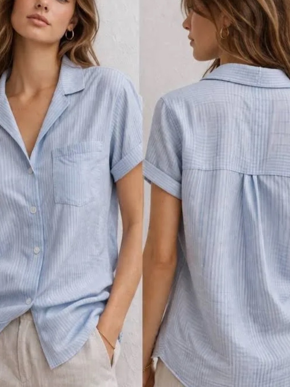 Zara Light Blue Striped Short Sleeve Button-Down Shirt